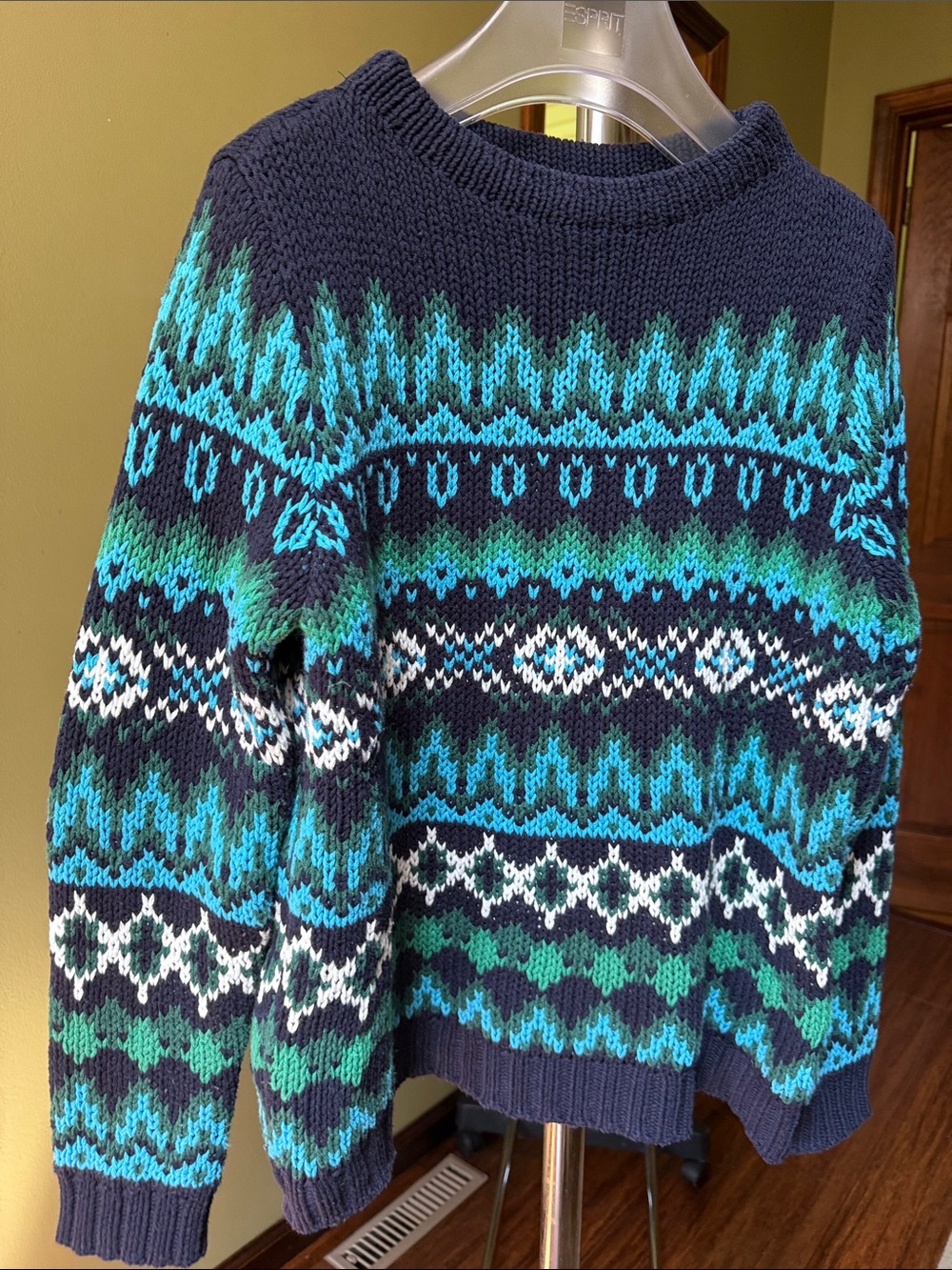 Talbots Navy, Teal & White Fair Isle Crewneck Sweater